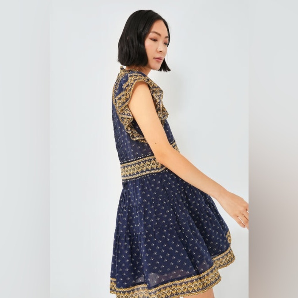 New! Sea New York Arlita Print Navy and Gold Flutter Tunic Mini Dress 💙 XS - Picture 2 of 8